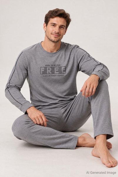 PİJAPİA Men's Long Sleeve Pajama Set Gray 100% Cotton
