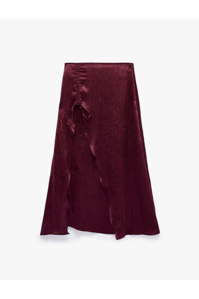 Koton Fustă midi din satin, asimetrică, texturată, de culoare prună, cu șnur ...