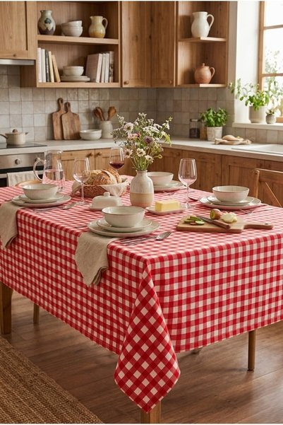 Rona Home Kırmızı Pıtırcık Ekose Masa Örtüsü Leke Tutmaz Su İtici Masa Örtüsü...