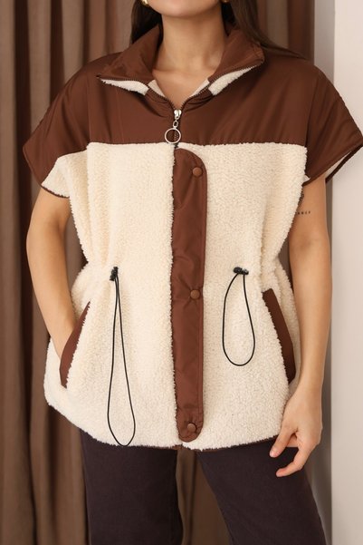 MOVİMENT Women's Ecru Fleece and Coffee Garnish Padded Coat with Zipper and P...