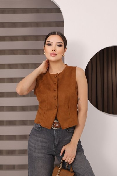 MOVİMENT Kahverengi Süet Oturtmalı Önü Düğmeli Kolsuz Ceket | Slim Fit Bisikl...