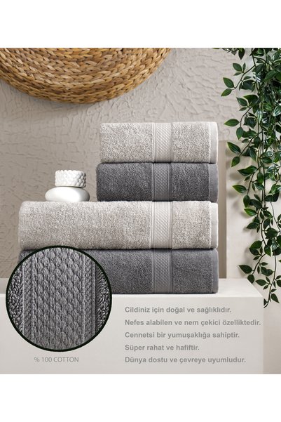 eumenia SoftTouch %100 Pamuklu 4’lü Banyo Havlu Seti Hamam ve Çeyiz Takımı Antraist - Gri
