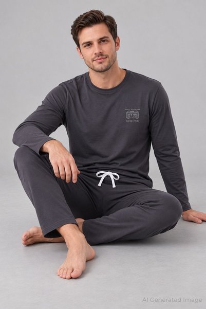 PİJAPİA Men's Long Sleeve Pajama Set Anthracite 100% Cotton