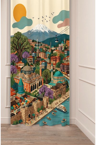 GREENDECOR Green Bursa Inspired Design Retro Illustration Background Curtain ...