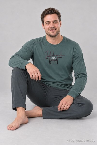 PİJAPİA Men's Long Sleeve Plus Size Pajama Set Petrol 100% Cotton