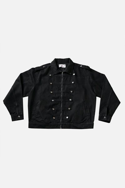 GRJ denim جاكيت جينز رجالي من ماركة دارك ليجن، مزين بأزرار معدنية.