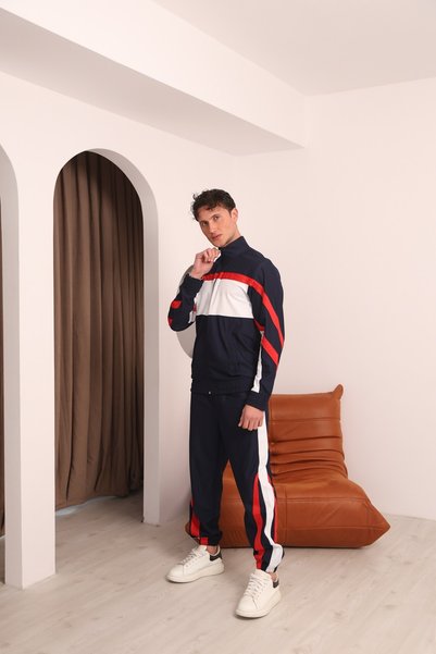 MOVİMENT Men's Navy Blue Special Series Red and White Striped Detail Tracksui...