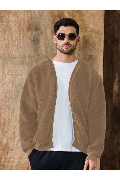 MOVİMENT Camel V-Neck Buttoned Plush Cardigan