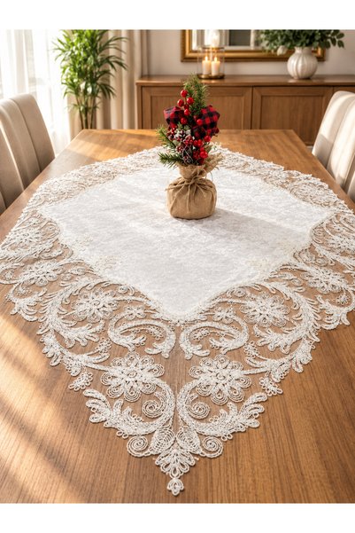 Tekstilife Ev Textile Tablecloth Fi̇skos Cream Velvet-Gold Silvery 90X90