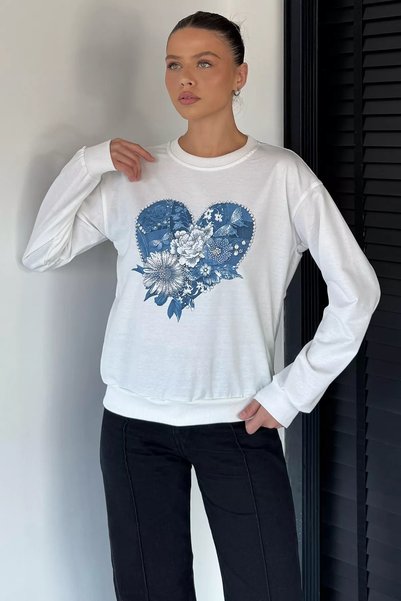 TOZLU Women's Crew Neck Printed Stone Embroidered Sweatshirt