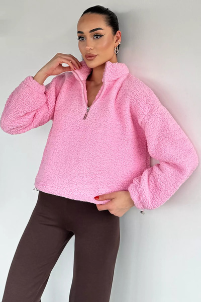 TOZLU Gülseli Half-Zip Sweatshirt with Elastic Waist Detail