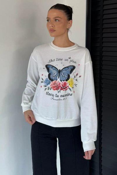 TOZLU Women's Crew Neck Butterfly Printed Stone Embroidered Sweatshirt