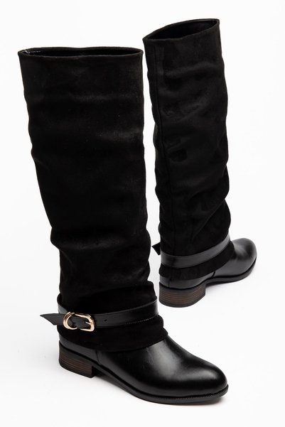 Hayalimdeki Ayakkabı Fusy Women's Black Shiny Leather - Suede Drawstring Boots