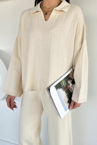TOZLU Polo Collar Blouse Pants Knitwear Double Set