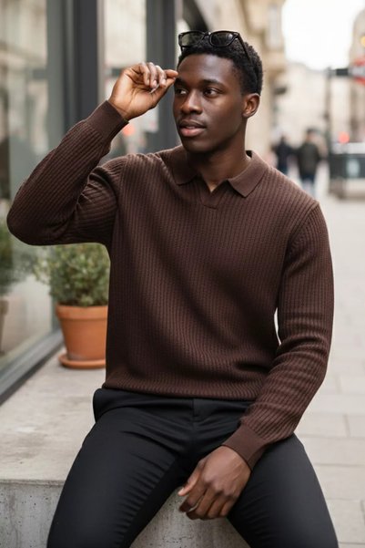 TOZLU Men's Polo Neck Lycra Knit Sweater