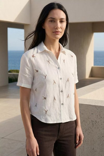 TOZLU Women's Embroidered Linen Shirt