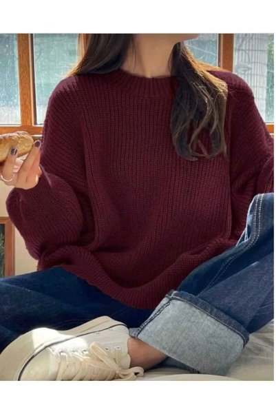 Kırlangıç Moda سترة تريكو نسائية بياقة دائرية من بوردو قصة فضفاضة
