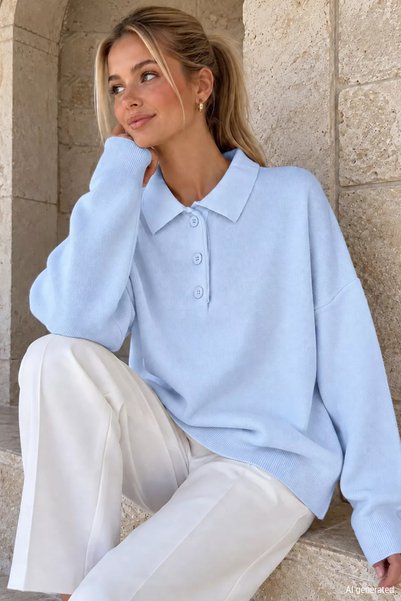 TOZLU Gülseli Kadın Yarım Düğmeli Triko Kazak