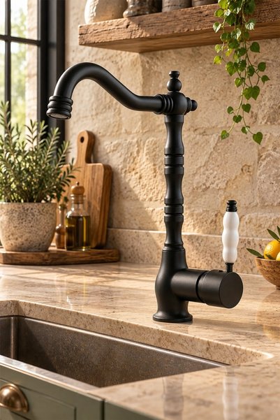 KUSTAR Black Rustic Porcelain Arm Open Close Kitchen Sink Faucet