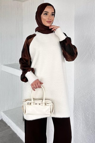 TOZLU Gülseli Sleeve Patterned Silk Kübra Fabric Hijab Knitwear Tunic