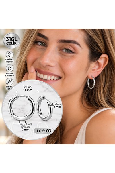 Heppii 14mm Surgical Steel Hoop Earrings Silver Color