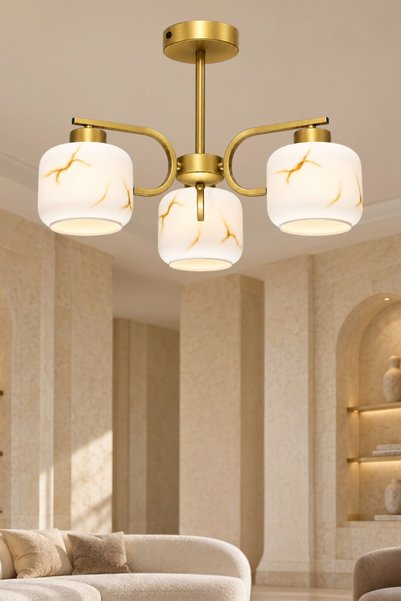ESSLİGHT Aura 3’lü Eskitme Plafonyer Mermer Desen Camlı Avize Salon Mutfak Ya...
