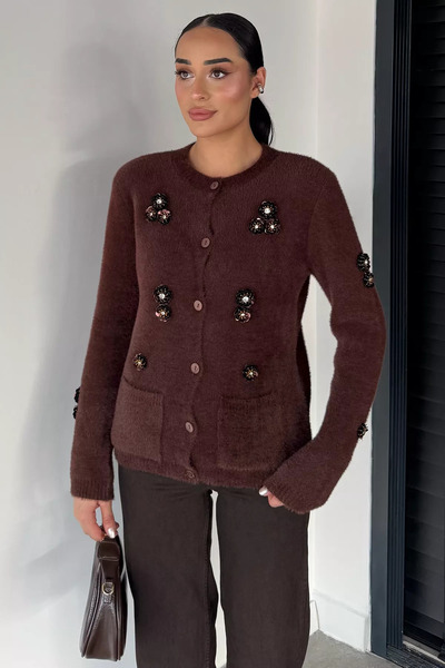 TOZLU Women's Sequin Embroidered Soft Yarn Knitwear Jacket