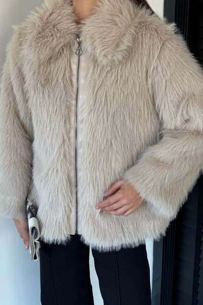 TOZLU Women's Front Zipper Fringed Fur Coat