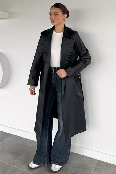 TOZLU Women's Double Pocket Belted Lined Faux Leather Trench Coat