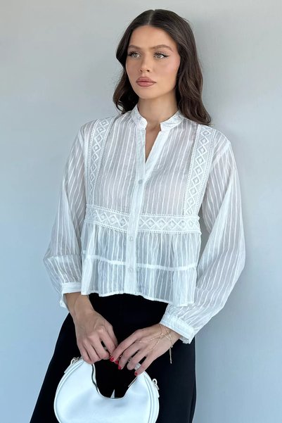 TOZLU Women's Self-Line Patterned Embroidery Detailed Shirt