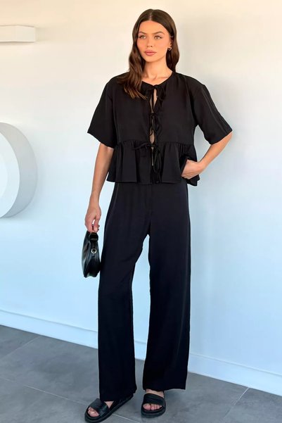 TOZLU Women's Front Tie Blouse Palazzo Pants Double Set