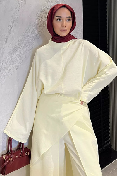 TOZLU Elastic Waist Pants and Blouse with Pieces, Islamic Clothing, Two-Piece...