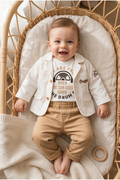 Cumino Baby Boy Linen Blazer Jacket 3-Piece Set 9-24 Months Ecru