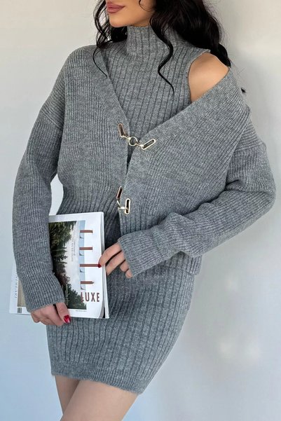 TOZLU Gülseli Rochie din tricotaj pentru femei, cu detalii aurii și cardigan ...