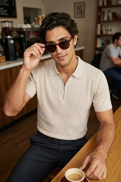 TOZLU Polo Collar Half Zipper Men's Knitwear T-Shirt