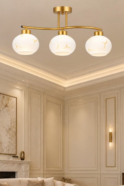 ESSLİGHT Camelia 3’lü Eskitme Plafonyer Mermer Desen Camlı Avize Salon Mutfak...