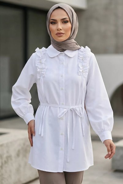 TOZLU Omuz Büzgülü İncili Tesettür Gömlek Tunik