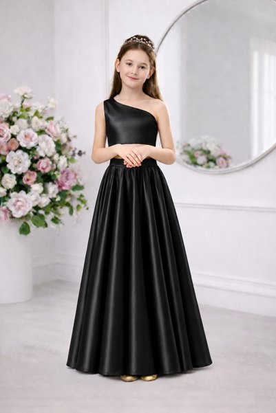 SUNEH Girl's Long Satin Skirt and Satin One Shoulder Crop Bustier Evening Dre...