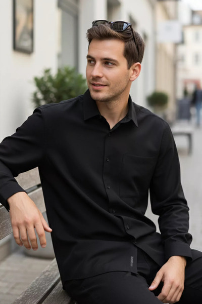 TOZLU Men's Single Pocket Long Sleeve Lycra Oversize Shirt
