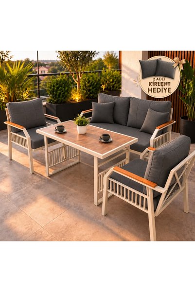 UFUK HOME Petunia Krem 211 Masalı ANTRASİT Bahçe & Balkon Mobilya Takımı Çay ...