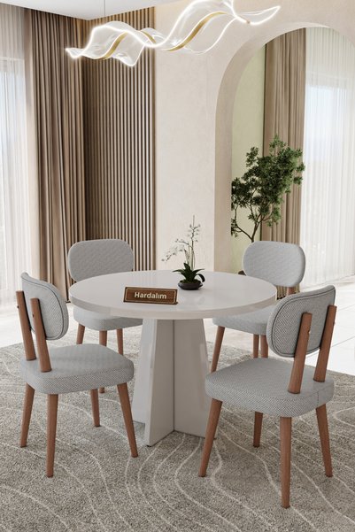 UZMHOME Yuvarlak 90 x 90 4 Sandalyeli Mutfak Masa Takımı Yemek Masası Salon T...