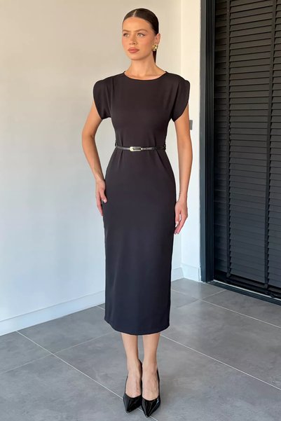 TOZLU Women's Dress with Belt Accessories and Slit Detail