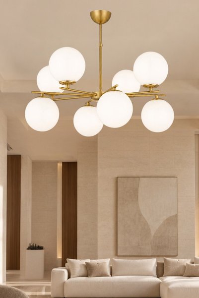 ESSLİGHT Elsar 8’li Eskitme Beyaz Camlı Avize Salon Mutfak Yatak Odası