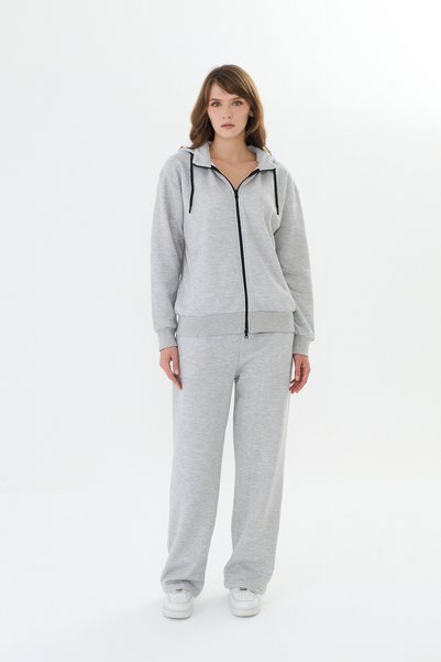 TRENDHİLL Women's Cotton High Collar Hooded Zippered Tracksuit Set Gray-107