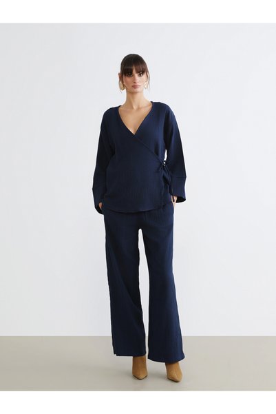 LC Waikiki LCW Vision Navy Blue Muslin Solid Loose & Wide-Leg Women's Pants, ...