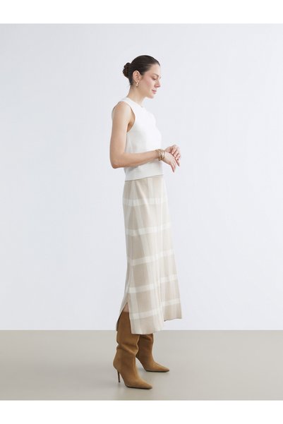 LC Waikiki TWO MT SHOP QUALITY LCW Grace Ecru Knit Plaid Midi Skirt for Women