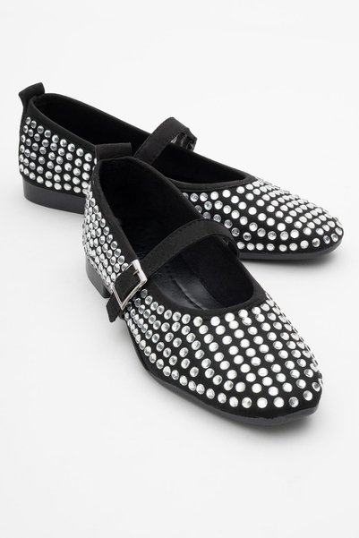 CCWAY AYAKKABI Balerini de damă cu centură Stone Blunt Toe BLACK SILVER