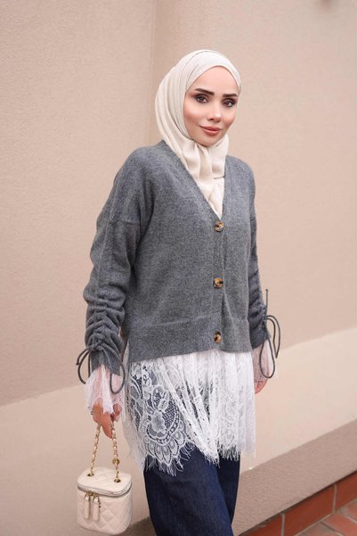 İmajButik Charcoal Grey Knit Cardigan with Lace-Trimmed, Ruched Hem and Sleeves
