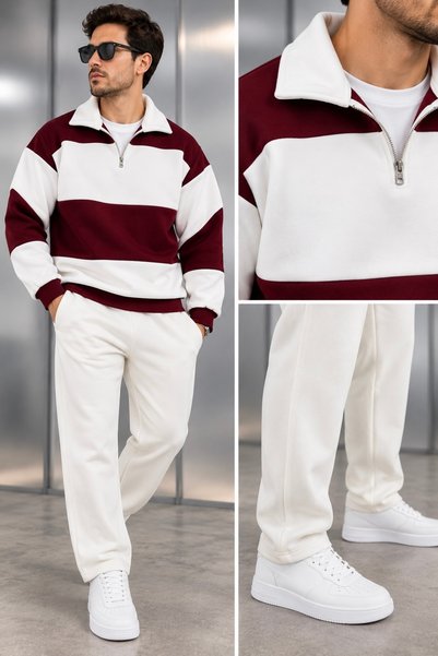 WENMİNG Men's 3-Ply Brushed Inside Corduroy Half-Zip Polo Collar Striped Stra...