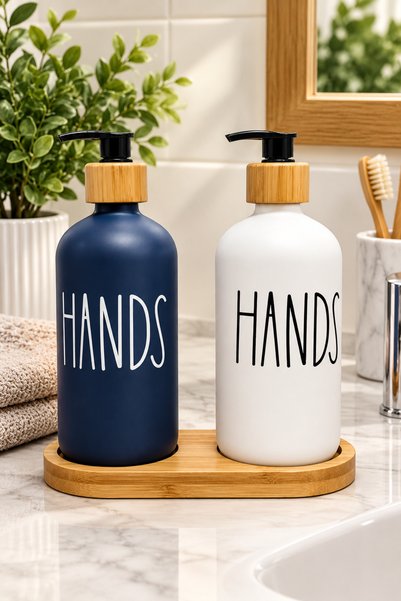 Kapris 2-Piece Bamboo Round Glass Soap Dish Set White-Navy Blue